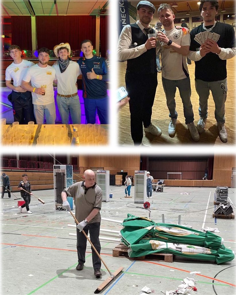 Vier Bilder, die Menschen beim Billardspielen zeigen, jeweils in verschiedenen Phasen des Spiels und der Interaktion.