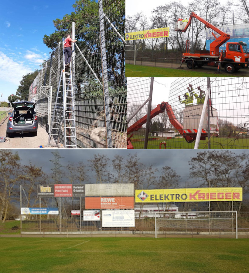 Bilder von Bauarbeitern, die auf einem Fußballfeld verschiedene Bauarbeiten durchführen.