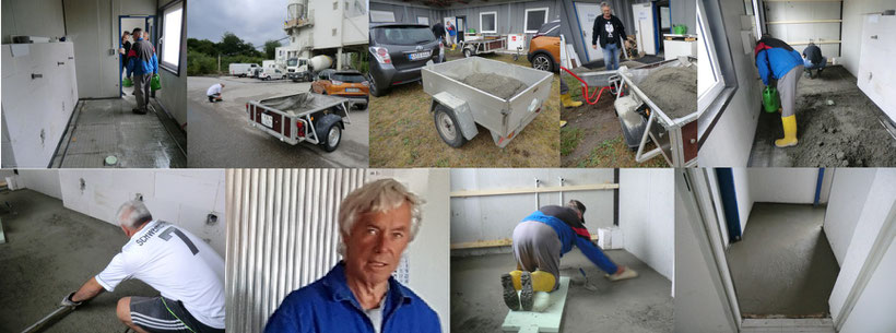 Eine Collage von Bildern, die Menschen bei der Arbeit mit Beton zeigt, in verschiedenen Arbeitsumgebungen und -techniken.
